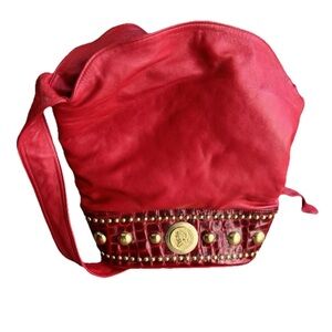 Bohemian Red with gold leather bucket‎ bag with gold Ceasar coin accent